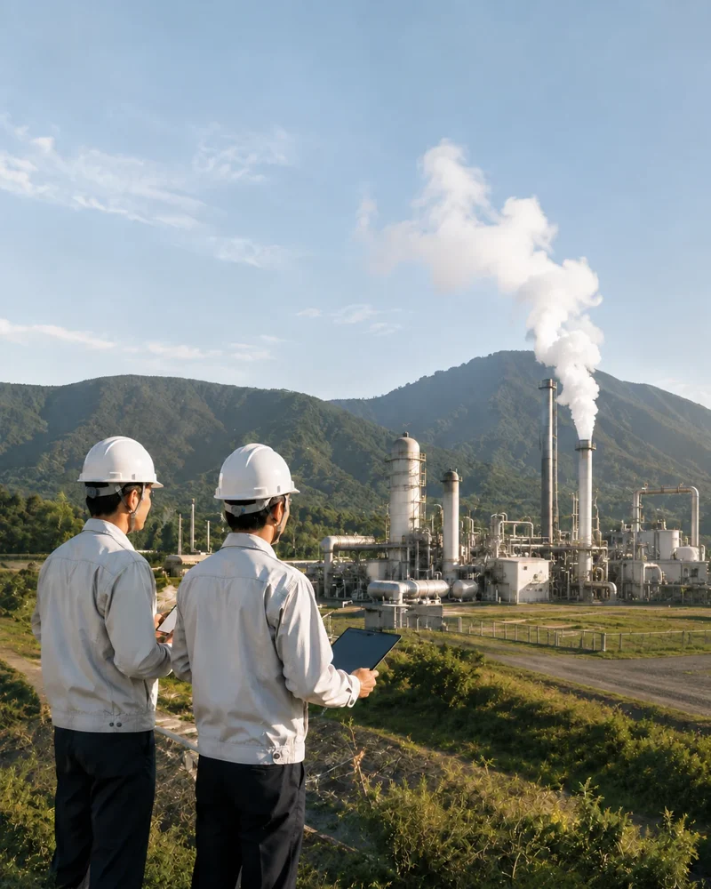 Engineers reviewing a renewable energy facility