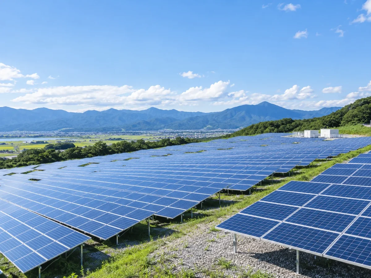 Solar photovoltaic panels in a green landscape